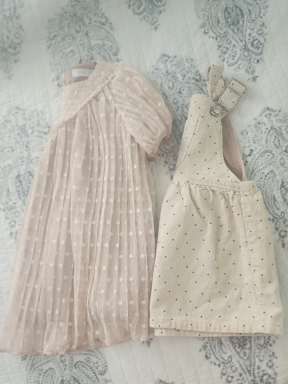 Zara Pale Pink Mesh Dress & Cream Polka Dot Pinafore Set